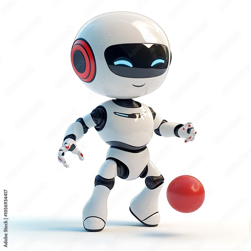 A cartoon robot playing with a ball, looking joyful on a white background. A cartoon robot playing with a ball, looking joyful on a white background.