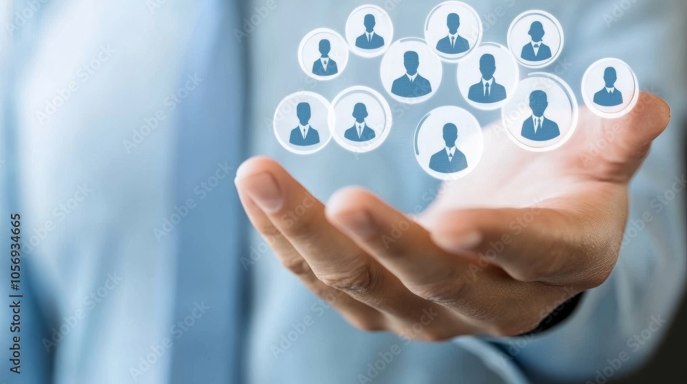 A professional hand holding icons representing a network of people, symbolizing connection and communication in modern business. A professional hand holding icons representing a network of people, symbolizing connection and communication in modern business.