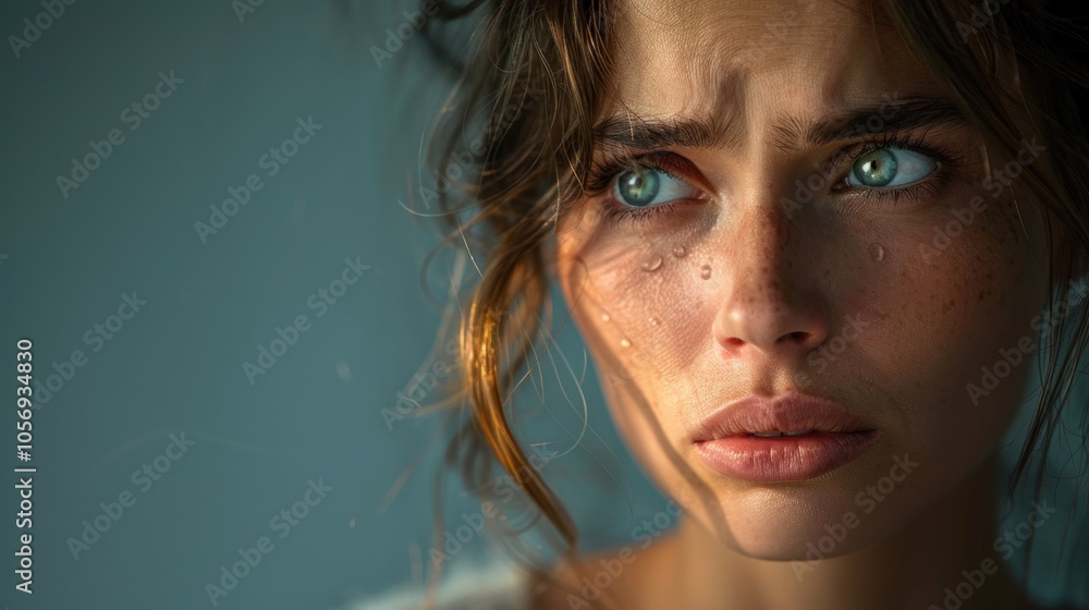 Beautiful woman with charming freckles and vibrant green eyes in a close-up shot Beautiful woman with charming freckles and vibrant green eyes in a close-up shot