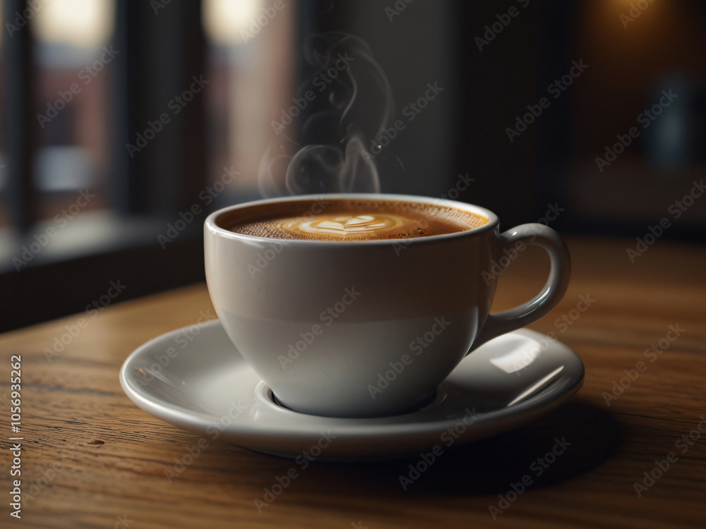 A beautifully crafted latte coffee sits on a saucer, placed on a wooden table by a window with a view of lush green trees. A beautifully crafted latte coffee sits on a saucer, placed on a wooden table by a window with a view of lush green trees.