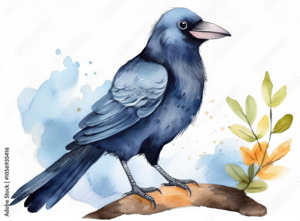 Fototapeta premium Watercolor Illustration of a Crow Perched on a Branch