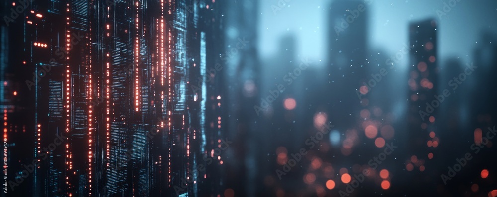 Obraz premium Digital Code Wall in Cityscape