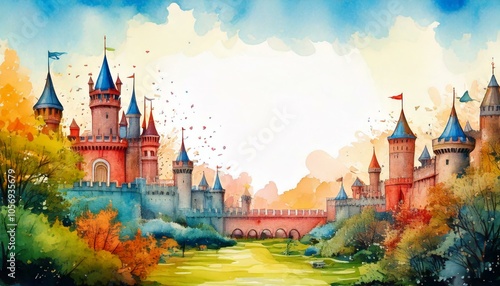 watercolor of a castle background with empty copy space in the middle