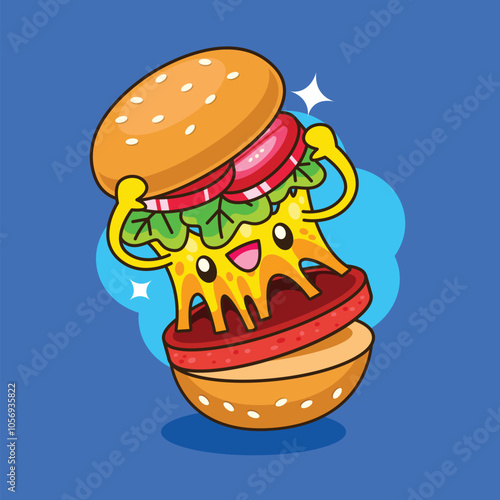 Hand drawn cute kawaii cheese burger cartoon illustration