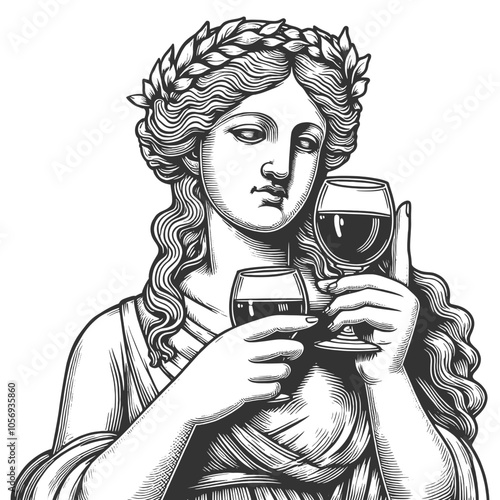 classical goddess figure with a laurel crown, holding two wine glasses, mythological symbolism in vintage style sketch engraving generative ai vector illustration. Black and white image.