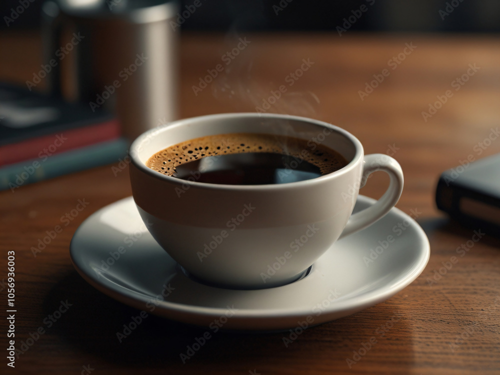A beautifully crafted latte coffee sits on a saucer, placed on a wooden table by a window with a view of lush green trees. A beautifully crafted latte coffee sits on a saucer, placed on a wooden table by a window with a view of lush green trees.