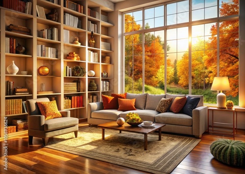 Modern Living Room with Large Windows Showcasing Autumn Foliage, Cozy Atmosphere, Built-in Bookshelf, Stylish Decor, and Warm Lighting for Home Interior Inspiration