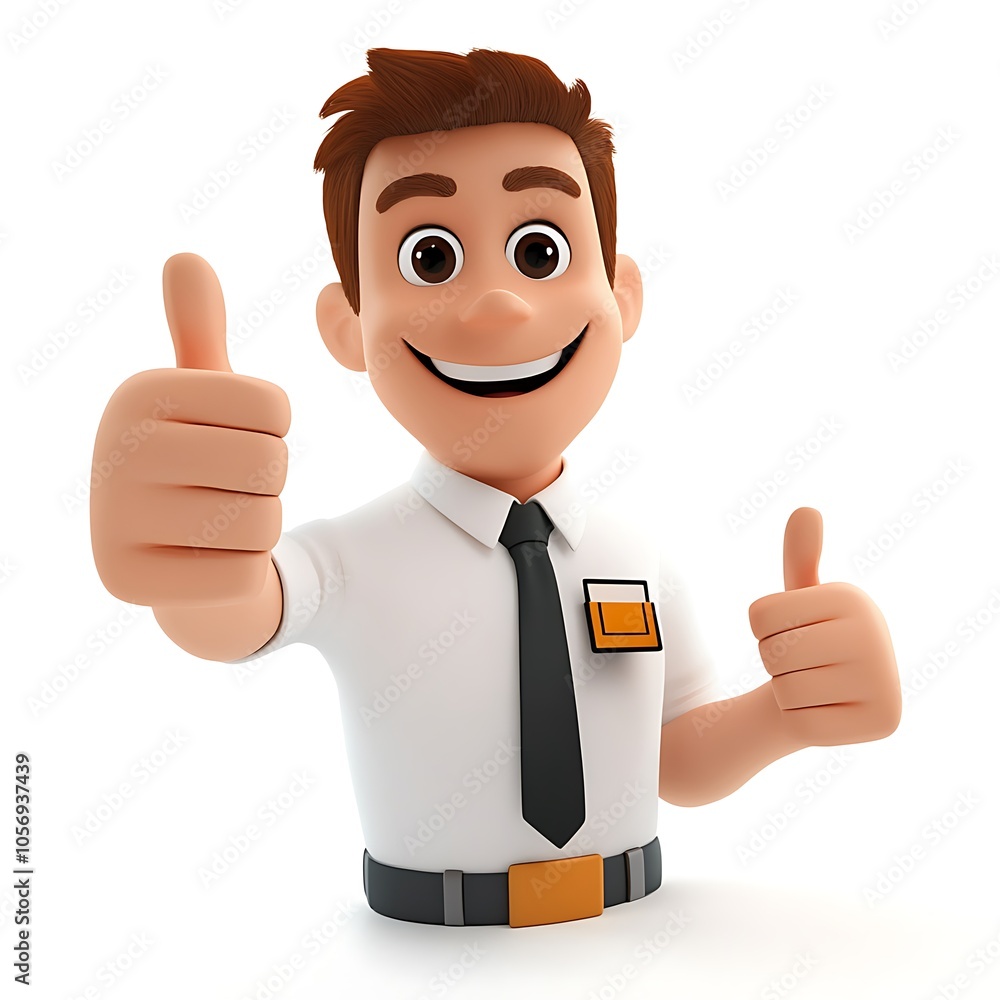 Cartoon employee giving a thumbs-up with a cheerful smile on a white background. Cartoon employee giving a thumbs-up with a cheerful smile on a white background.