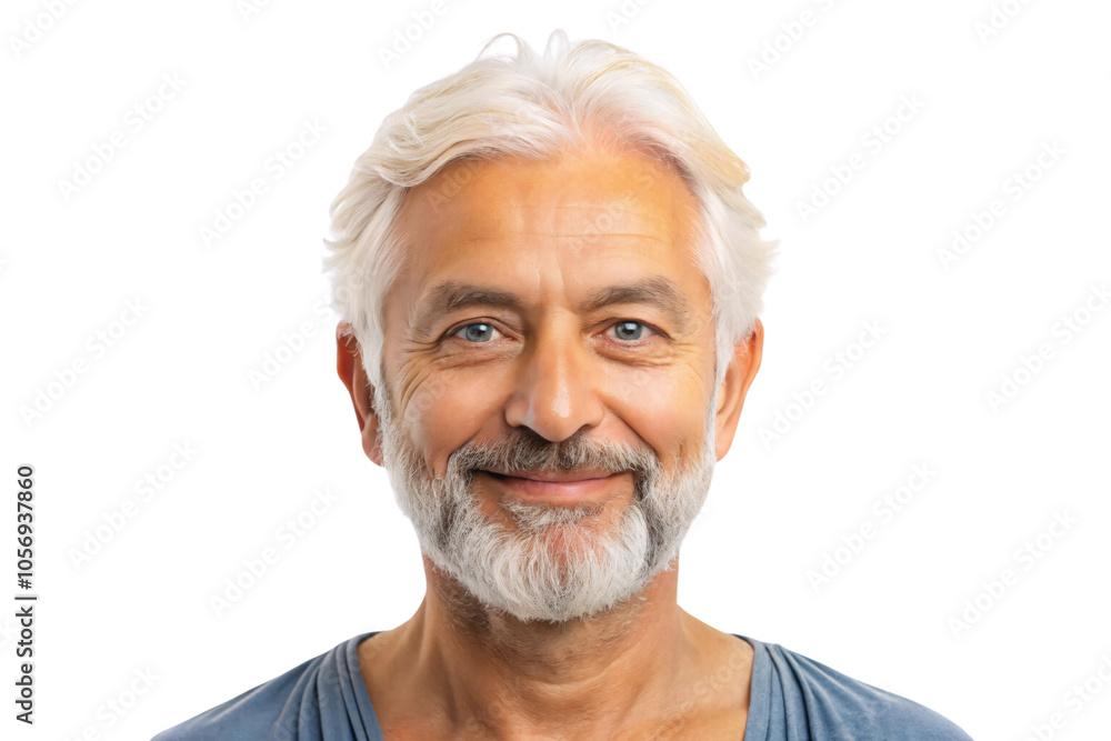 Older man with white hair and beard, blue eyes, and a gentle smile, wearing a casual blue top, radiating warmth, set against a transparent background Older man with white hair and beard, blue eyes, and a gentle smile, wearing a casual blue top, radiating warmth, set against a transparent background