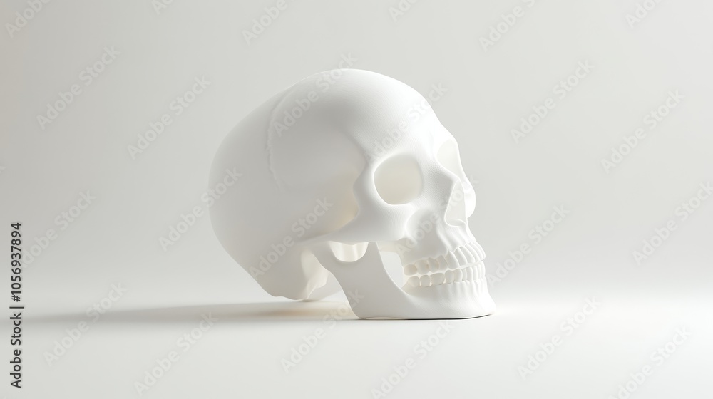 A side view of a white skull model, showcasing its intricate structure against a soft, neutral background. A side view of a white skull model, showcasing its intricate structure against a soft, neutral background.
