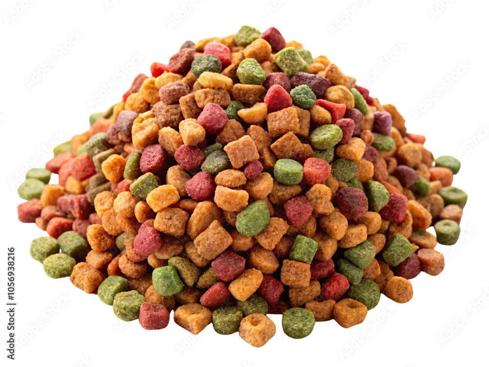 Pile of multicolored pet food kibble in shades of green, red, and yellow, set against a transparent background. Varied shapes and textures emphasize nutrition and variety for pets Pile of multicolored pet food kibble in shades of green, red, and yellow, set against a transparent background. Varied shapes and textures emphasize nutrition and variety for pets