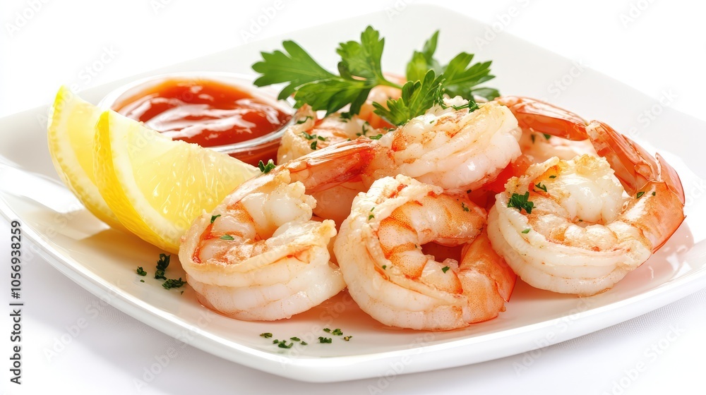 Delicious Shrimp with Lemon and Sauce on Plate Delicious Shrimp with Lemon and Sauce on Plate