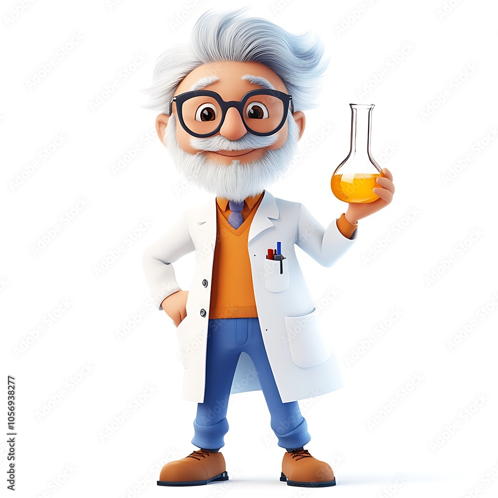 Cartoon cool scientist in a lab coat holding a beaker on a white background. Cartoon cool scientist in a lab coat holding a beaker on a white background.