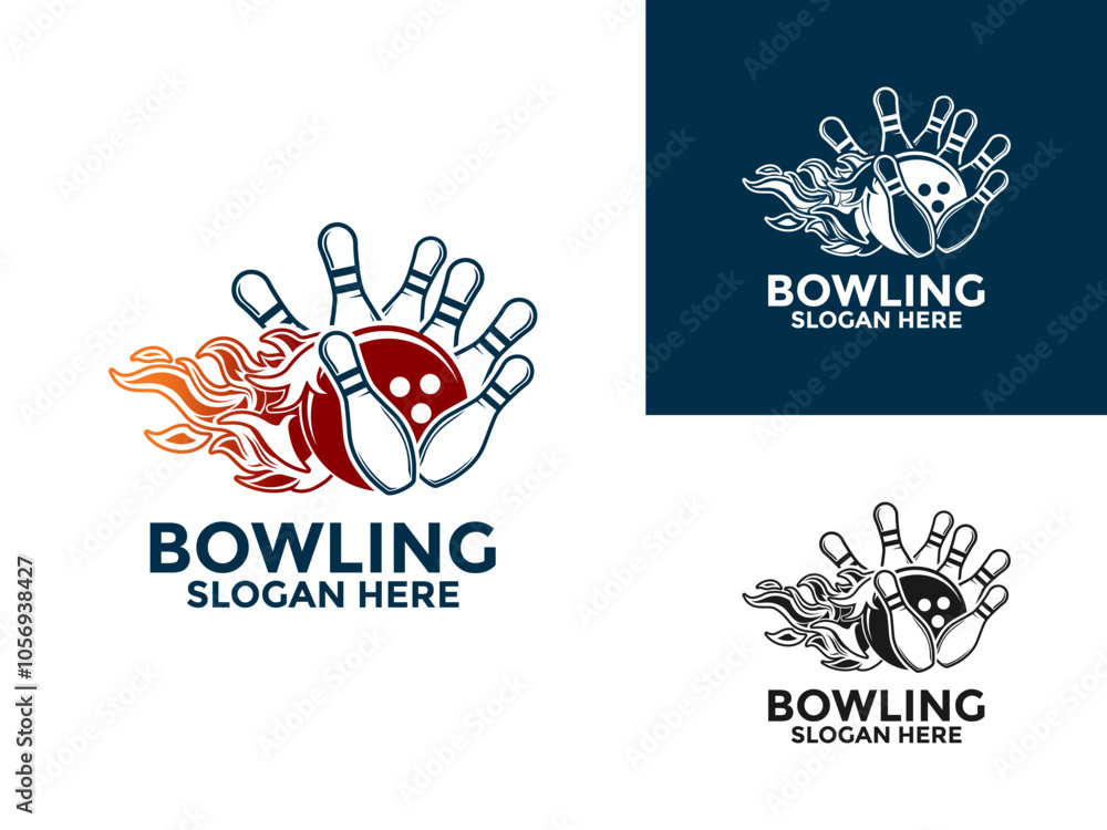 Bowling sports logo vector , Pin Strike Bowling with Flame logo design template Bowling sports logo vector , Pin Strike Bowling with Flame logo design template