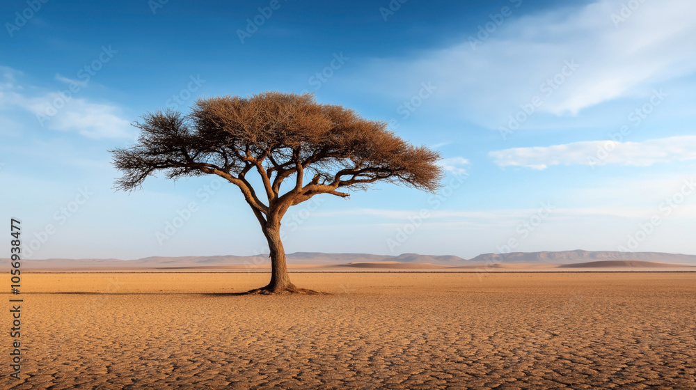 A solitary tree stands on a cracked, arid desert landscape with distant mountains under a blue sky with scattered clouds. A solitary tree stands on a cracked, arid desert landscape with distant mountains under a blue sky with scattered clouds.