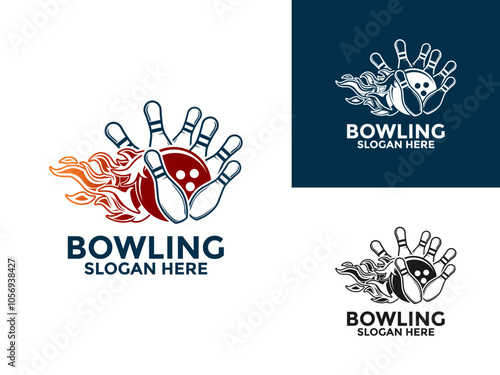 Bowling sports logo vector , Pin Strike Bowling with Flame logo design template