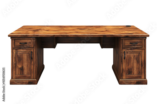 Rustic wooden desk featuring detailed grain, two cabinet doors, and drawer handles, exuding a vintage charm and sturdy appeal, set against a transparent background