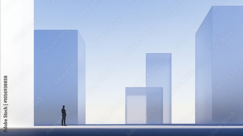 A solitary figure stands before towering geometric structures, evoking feelings of scale and contemplation in a minimalist setting. A solitary figure stands before towering geometric structures, evoking feelings of scale and contemplation in a minimalist setting.
