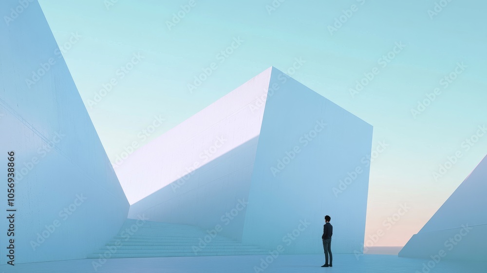 Obraz premium A solitary figure stands in a minimalist landscape of abstract geometric shapes, evoking contemplation and tranquility.