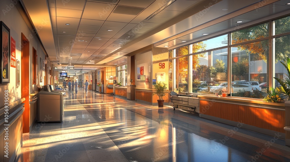 Obraz premium Bright hospital corridor with sunlight and greenery.