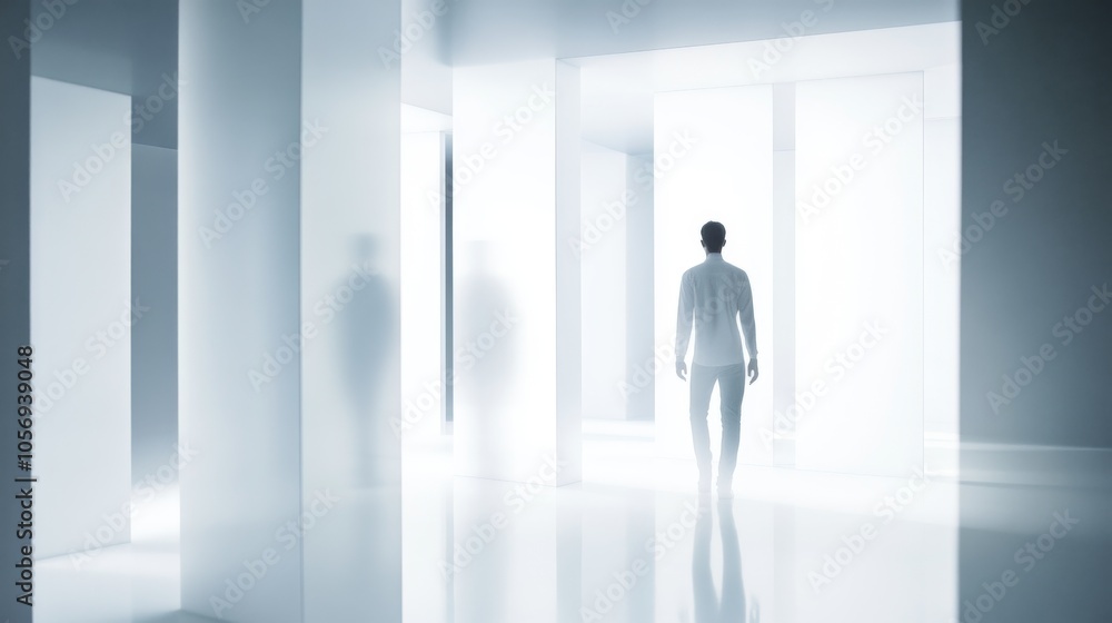 A solitary figure walks through a bright, ethereal space filled with soft light and abstract shapes, evoking a sense of tranquility. A solitary figure walks through a bright, ethereal space filled with soft light and abstract shapes, evoking a sense of tranquility.