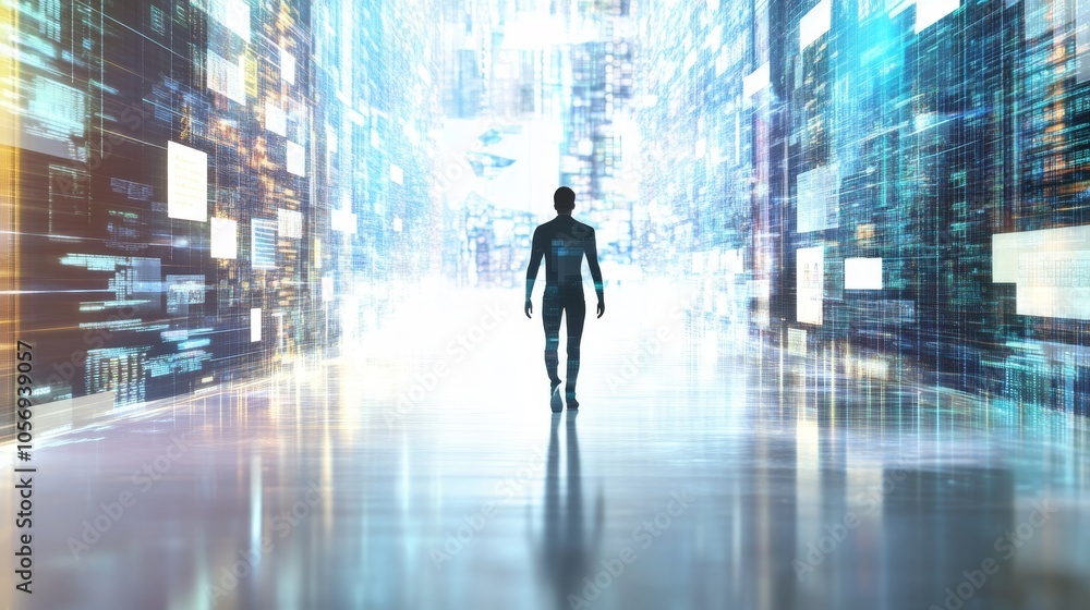 A solitary figure walking through a futuristic digital landscape, reflecting themes of technology and exploration. A solitary figure walking through a futuristic digital landscape, reflecting themes of technology and exploration.
