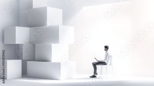 A solitary figure working on a laptop in a minimalist white space filled with geometric blocks, symbolizing creativity and solitude.