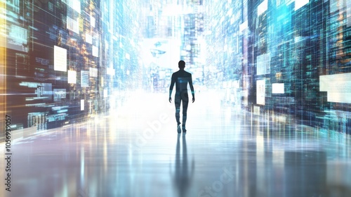 A solitary figure walking through a futuristic digital landscape, reflecting themes of technology and exploration.