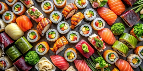 Panoramic View of Delicious Sushi Varieties on Isolated Background - Top View of Assorted Sushi Dishes for Culinary Photography