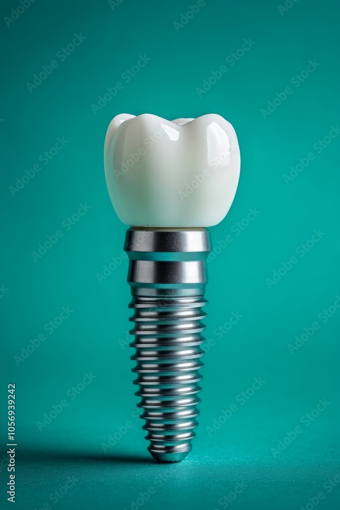 This dental implant features a titanium screw with a porcelain crown, illustrating advanced dental technology and restoration solutions for patients This dental implant features a titanium screw with a porcelain crown, illustrating advanced dental technology and restoration solutions for patients