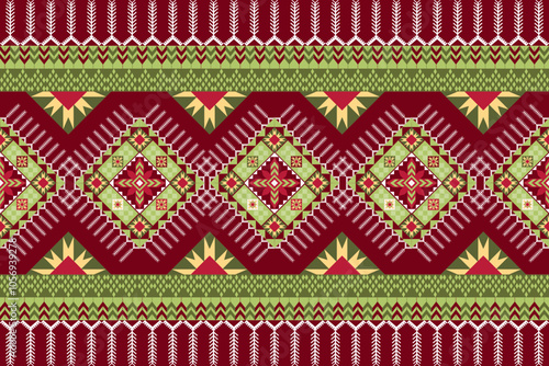 Intricate Native American-Inspired Christmas Pattern with Symmetrical Diamond Motifs, Chevron Stripes, and Festive Green, Red, and Yellow Accents.