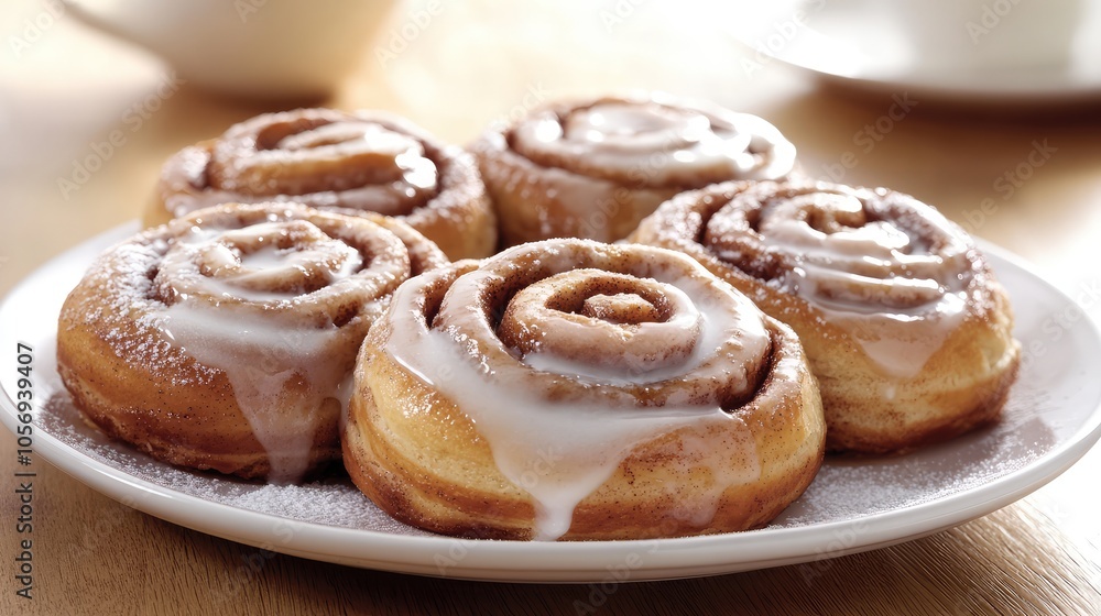 Freshly Baked Cinnamon Rolls with Glaze on Plate Freshly Baked Cinnamon Rolls with Glaze on Plate