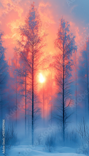 Winter's Embrace: A breathtaking sunset paints the sky with vibrant hues of pink and orange, casting a magical glow on a snow-covered forest.