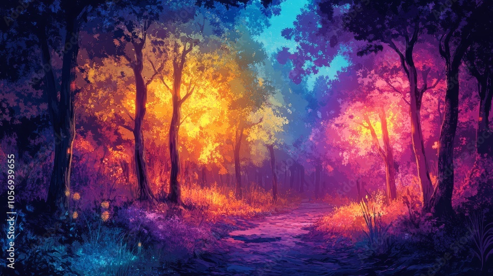 A Path Through a Glowing Forest With Vibrant Hues A Path Through a Glowing Forest With Vibrant Hues