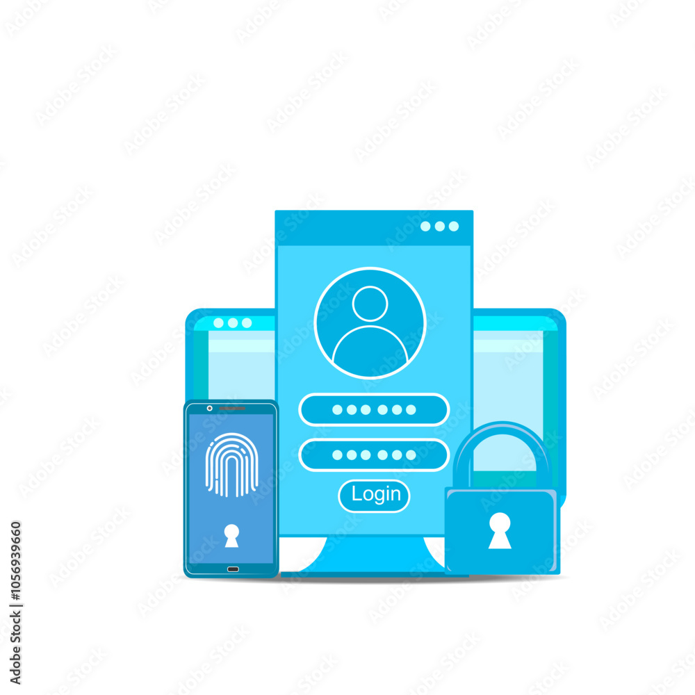 Personal data security. Protect smartphone information with fingerprints. Gain access and confidentiality through fingerprints. Flat vector illustration. Personal data security. Protect smartphone information with fingerprints. Gain access and confidentiality through fingerprints. Flat vector illustration.