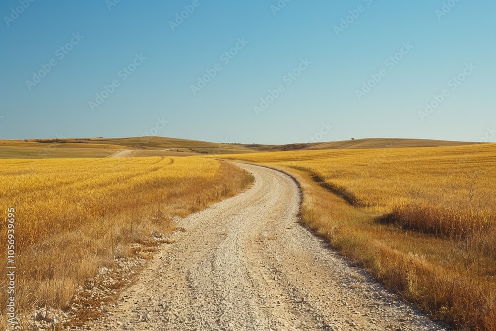 Farm Road. Scenic Gravel Road Passing Through Yellow Wheat Fields under Warm Rural Sky Farm Road. Scenic Gravel Road Passing Through Yellow Wheat Fields under Warm Rural Sky