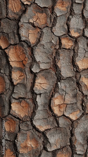 Close-up of pine bark texture showcasing rich organic details in a lush forest environment.