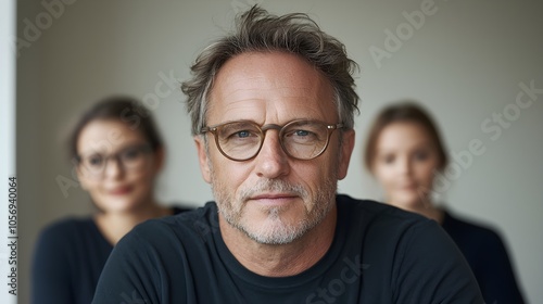 Confident man with two women in a modern workspace photo