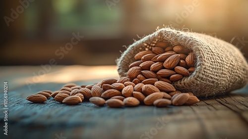 A burlap sack tips over, pouring out almonds onto a textured wooden surface, evoking a rustic and earthy feel, reminiscent of natural abundance. photo