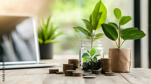 consumer analyzing product value, price, and asset growth with plants and coins photo