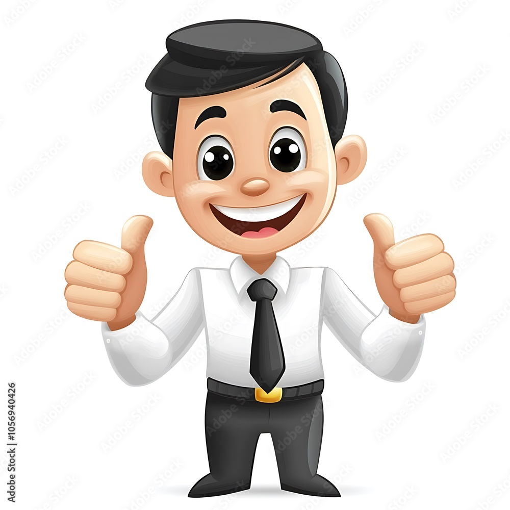 Cartoon employee smiling and giving two thumbs up on a white background. Cartoon employee smiling and giving two thumbs up on a white background.