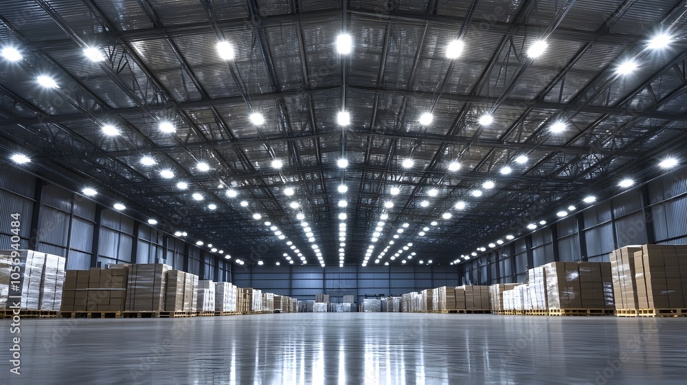 A Bustling Warehouse with Stacked Pallets of Boxes. A Bustling Warehouse with Stacked Pallets of Boxes.