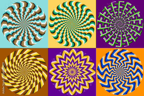 Vector set of circular striped patterns. Colorful circles with optical illusion of moving. Templates for background design.