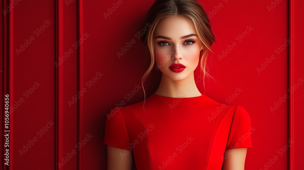 A fashionable young woman in a striking red dress poses against a red wall, exuding elegance and sophistication with her poised presence and impeccable style. A fashionable young woman in a striking red dress poses against a red wall, exuding elegance and sophistication with her poised presence and impeccable style.