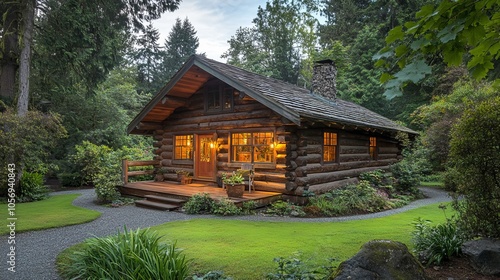 A charming log cabin nestled in a verdant forest clearing with soft golden light filtering through the trees, creating a scene of serene tranquility and rustic charm.