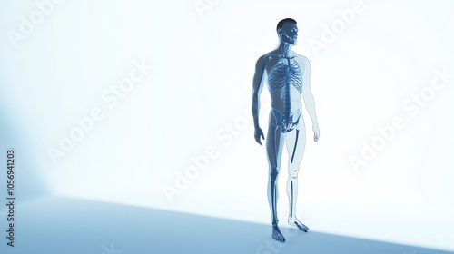 A transparent human figure stands in a soft light, showcasing anatomical features in a minimalist environment.