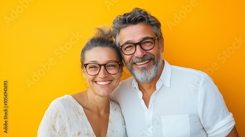 portrait of a smiling middle-aged couple wearing eyeglasses, posing against a vibrant yellow background with copy space, exuding joy and fun while looking directly at the camera, isolated over a brigh