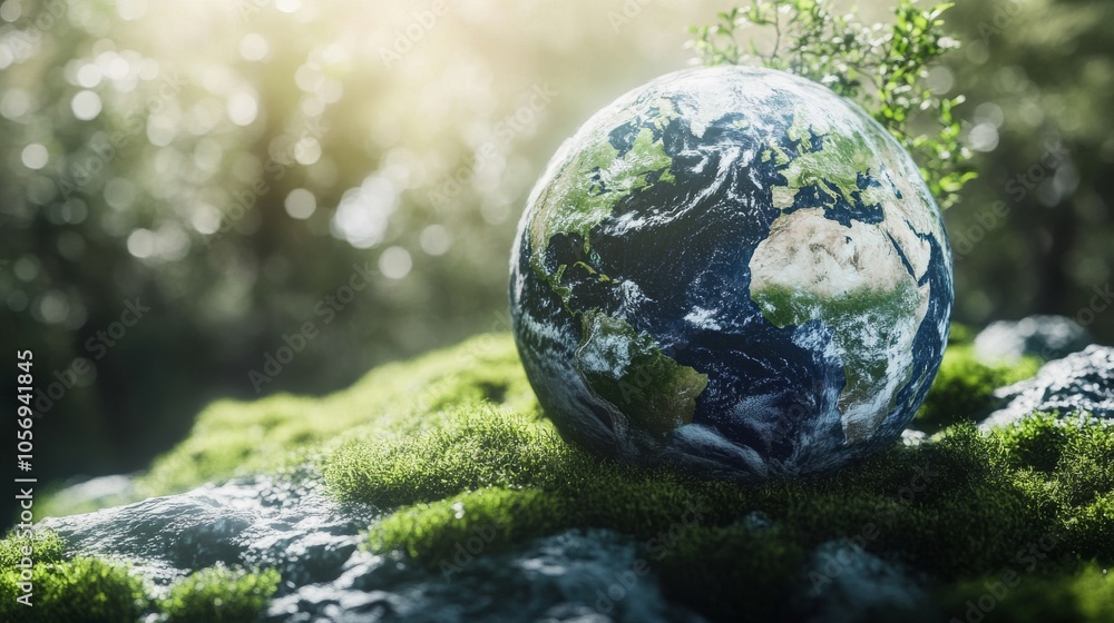 A vibrant earth globe resting on lush moss, symbolizing nature and environmental protection in a serene forest setting. A vibrant earth globe resting on lush moss, symbolizing nature and environmental protection in a serene forest setting.