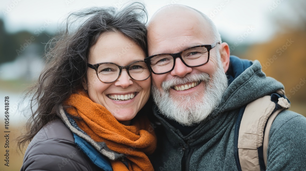 joyful middle-aged couple with glasses and dark hair smiling at the camera in an autumn park, showcasing their connection in a beautiful natural setting with colorful foliage, where the man sports joyful middle-aged couple with glasses and dark hair smiling at the camera in an autumn park, showcasing their connection in a beautiful natural setting with colorful foliage, where the man sports
