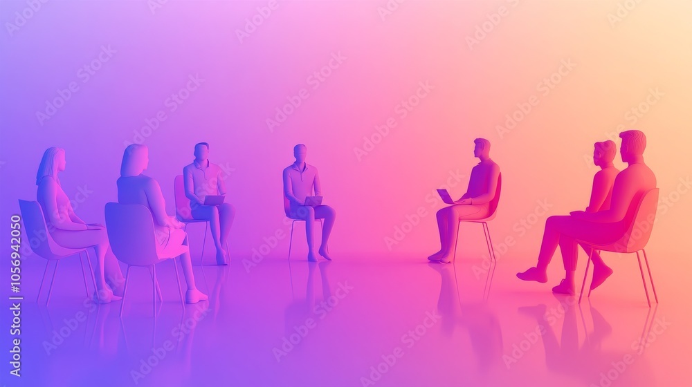 A vibrant illustration of a group discussion, showcasing diverse individuals gathered in a modern setting with colorful lighting. A vibrant illustration of a group discussion, showcasing diverse individuals gathered in a modern setting with colorful lighting.